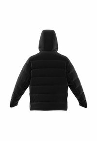 Crna puffer jakna s kapuljačem, s kviltnom konstrukcijom, mat završnom obradom i elastičnim manžetama, dizajnirana za toplinu i udobnost.
