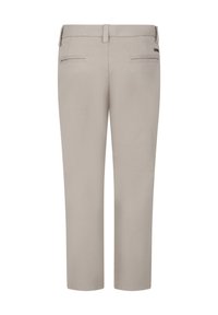 Beige broek met een zachte textuur, met een middenhoge tailleband, twee achterzakken en een getailleerde pasvorm. Eenvoudig en functioneel ontwerp.