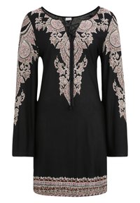 Túnica negra de manga larga, con un intrincado patrón de paisley en beige y rosa, escote con cordones, tela suave y acentos decorativos en el dobladillo.