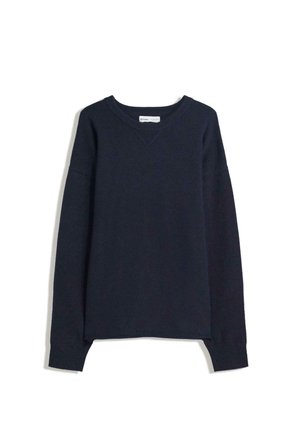 Navy blue sweater with a V-neck, long sleeves, ribbed cuffs and hem. Made of soft knit material, featuring a relaxed fit and minimal design.
