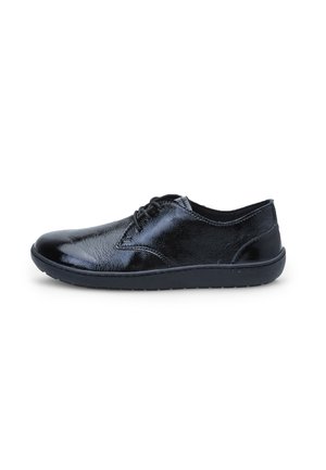 Black shiny leather lace-up shoe with low rubber sole, side view, suitable for formal or casual wear.