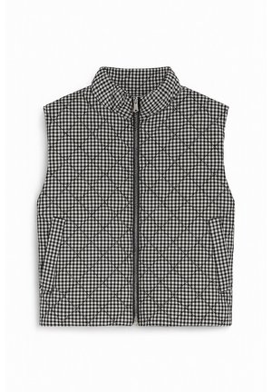 Pikowany czarno-biały kamizelka w kratę z stójką, zamkiem błyskawicznym z przodu i kieszeniami bocznymi. Wyposażona w przeszycia w diamentowy wzór.