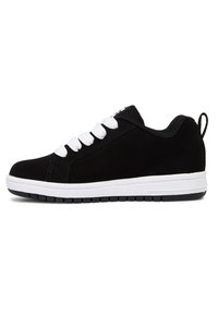 Black low-top sneaker with white thick laces, white midsole, textured black outsole, and pull tab at heel, shown in side profile.