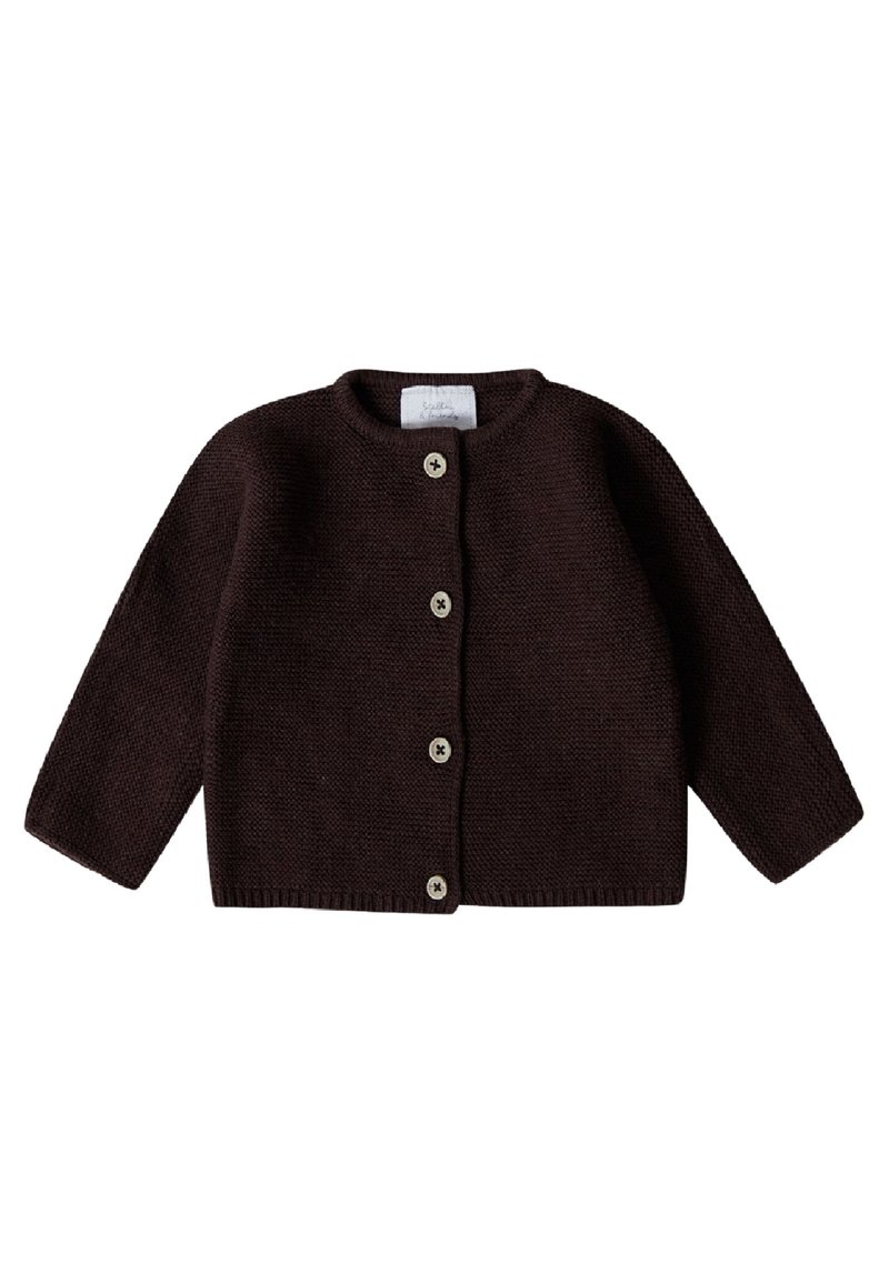 Brauner Strickcardigan mit langen Ärmeln, rundem Ausschnitt und fünf Knopfverschlüssen. Hat ein strukturiertes Material und einen gerippten Saum.