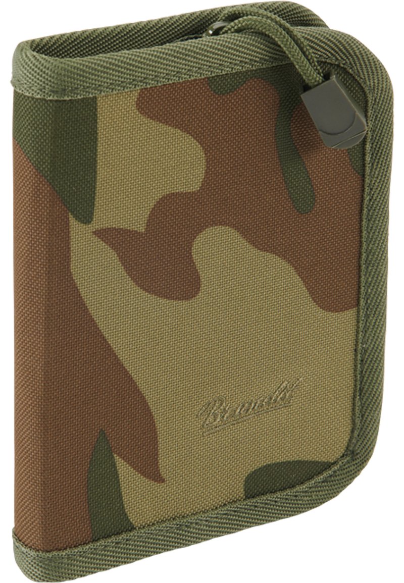 Camouflage-patterned wallet in durable fabric with a zip closure, green accents, and embossed brand logo at the bottom right corner.