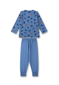 Blauw pyjama set met een langslavend t-shirt met verschillende dinosaurussen prints in donkerblauw en oranje, gecombineerd met bijpassende elastische broek.