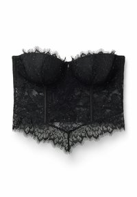 Zwarte kant bustier met gevoerde cups, ingewikkeld patroon kant en scalloped randen. Heeft een gestructureerd ontwerp met een gladde voering.