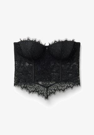 Schwarzer Spitzen-Bustier mit gepolsterten Körbchen, kunstvoll gemusterter Spitze und gewellten Kanten. Besitzt ein strukturiertes Design mit einer glatten Fütterung.