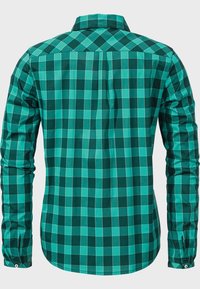 Green and teal plaid long-sleeve shirt with button-down collar. Features a curved hem, button cuffs, and a smooth textured fabric.