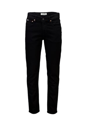 Jean en denim noir à coupe slim, avec des poches avant, des accents en bouton cuivré et une étiquette marquée "Lindbergh" dans la ceinture.