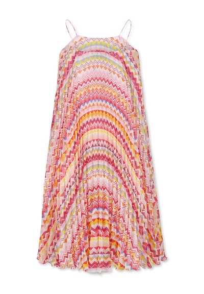 Robe sans manches multicolore avec un motif en zigzag rose, rouge, jaune et bleu. Tissu fluide avec une coupe ample en A.