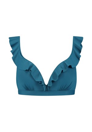 Haut de bikini teal avec un décolleté en V plongeant, des bords froncés le long des bretelles et de l'encolure, et un tissu lisse et extensible.
