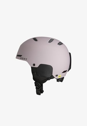 Roze skiekhelm met een matte afwerking, ventilatieopeningen, MIPS-label en een zwarte kinriem. Ontworpen voor veiligheid en comfort bij wintersporten.