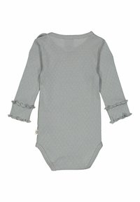 Šedý bavlněný dětský bodýčko s dlouhým rukávem, s volánky na manžetách, s texturovaným vzorem po celé ploše a s patentkami na dně.