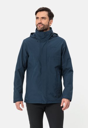 Marineblaue wasserdichte Jacke mit Kapuze, Reißverschluss vorne und verstellbaren Bündchen. Glattes Material mit minimalistischem Design und dezentem Logo.