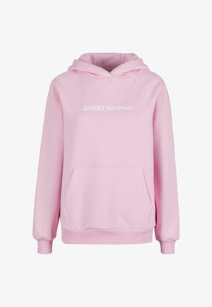Pink hoodie made of soft fabric with a kangaroo pocket. Features a white text logo "GOOD KARMA" on the front and ribbed cuffs and hem.