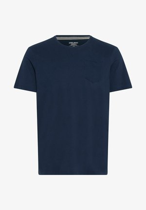 Marineblauwe katoenen T-shirt met een ronde hals, korte mouwen en een klein borstzakje. Gladde textuur, reguliere pasvorm, eenvoudig ontwerp.