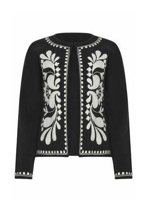 Cardigan negro de manga larga con apertura frontal, bordado floral blanco en la parte delantera y ribete de puntos en el cuello, puños y dobladillo.