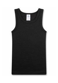 Top in cotone organico nero, con scollatura tonda e senza maniche. Presenta una texture liscia e bordi cuciti.