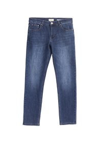 Vaqueros ajustados de mezclilla azul con cinco bolsillos, cierre de botones y detalles de lavado desgastado en la parte frontal y las piernas.