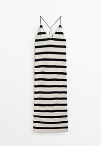 Robe rayée en tissu texturé, avec des rayures horizontales noires et crème, des bretelles fines et ajustables, et une coupe droite.