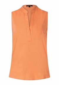 mouwloze oranje blouse met een V-hals en een licht gebogen zoom. Gladde textuur en lichtgewicht stof. Geen patronen of versieringen.