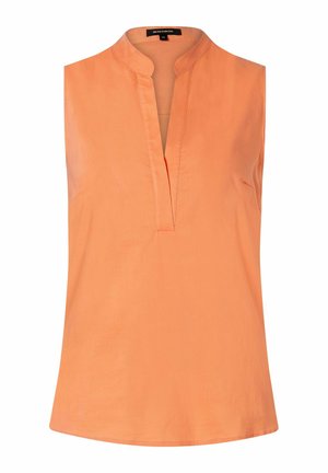 blouse orange sans manches avec un décolleté en V et un ourlet légèrement arrondi. Texture lisse et tissu léger. Pas de motifs ni d'ornements.