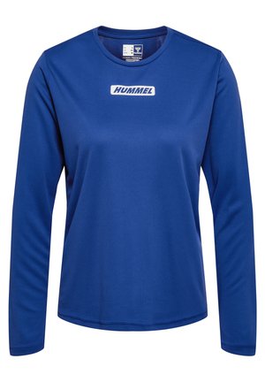 Blauwe lange mouwen sportshirt gemaakt van een glad materiaal, met een ronde halslijn en een wit "HUMMEL" logo op de voorkant.
