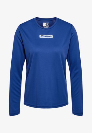 Blauwe lange mouwen sportshirt gemaakt van een glad materiaal, met een ronde halslijn en een wit "HUMMEL" logo op de voorkant.