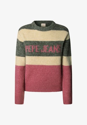 Kootud sviiter, millel on horisontaalsed rippuvad triibud rohelises, kreemjas ja roosas. Tekst "PEPE JEANS" on silmatorkavalt kujutatud roosa värviga rohelisel triibul.