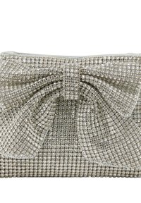 Ezüst színű clutch táska, apró csillogó strasszkövekkel borítva. Az elején egy texturált masnidísz található, amely dimenziót és vizuális érdeklődést ad a táskához.