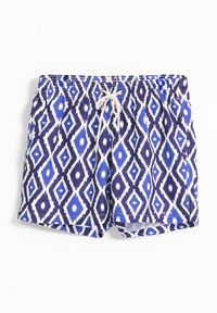 Bañador azul con un patrón de diamantes en tonos de azul y blanco. Cintura elástica con cordón; tejido ligero.