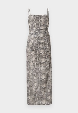 Šaty s hadím vzorem, těsně přiléhající, s řaseným designem, tenkými ramínky a dlouhou siluetou v odstínech šedé a béžové.