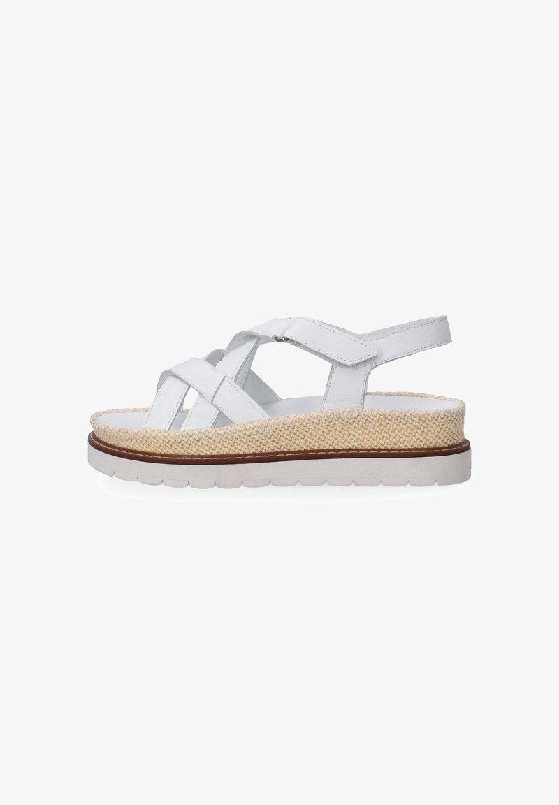 White leather sandals featuring crisscross straps, braided jute midsole, and a white rubber outsole for added comfort and support.