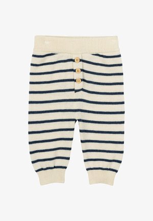 Prugasta pletena hlače v krem in mornarsko modri barvi. Imajo tri lesene gumbe na pasu, rebrast rob in mehak material.