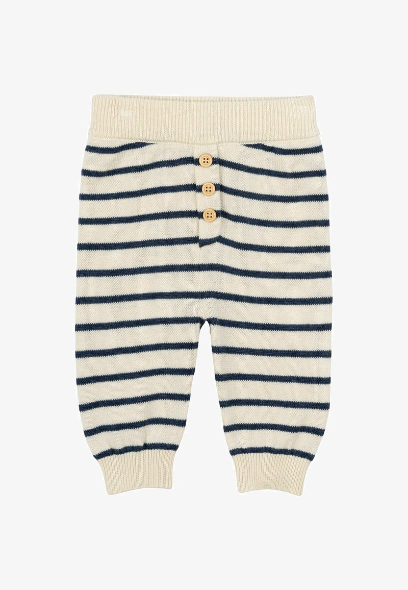 Svītrainas adītas bikses krēmkrāsā un tumši zilā krāsā. Iezīmē trīs koka pogas jostasvietā, ribotu apakšmalu un maigu tekstūru.