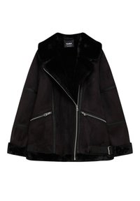 Veste en fausse fourrure noire avec un large col, poches zippées, accents en cuir et une taille ceinturée. Caractérisée par un tissu doux et texturé avec une finition lisse.