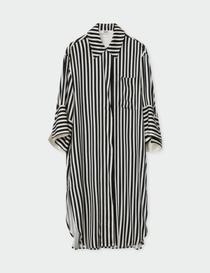 Black and white vertical striped long-sleeve shirt dress with collar, chest pocket, and rolled-up cuffs.