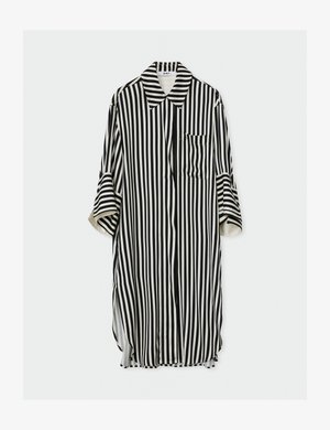 Black and white vertical striped long-sleeve shirt dress with collar, chest pocket, and rolled-up cuffs.