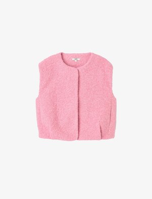 Veste sans manches rose en tissu doux et texturé, avec un col rond et une fermeture à l'avant. Design simple sans ornements supplémentaires.