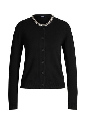 Black cardigan with long sleeves, round neckline adorned with a beaded trim, front button closure, and ribbed hem and cuffs.