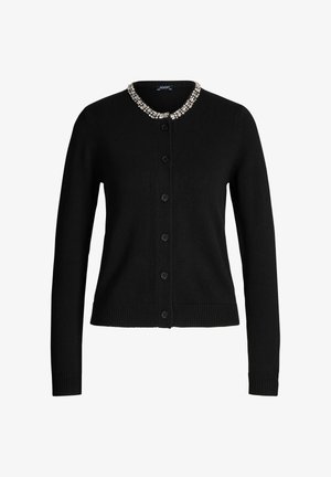 Cardigan nero con maniche lunghe, scollo rotondo decorato con una rifinitura di perline, chiusura frontale con bottoni e orlo e polsini a coste.