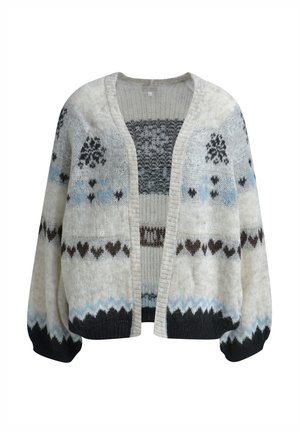 White knit cardigan with black, blue, and brown geometric and heart patterns, featuring a V-neck and puffed long sleeves.