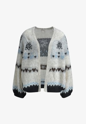 Weißer Strickcardigan mit geometrischen und herzförmigen Mustern in Schwarz, Blau und Braun, mit V-Ausschnitt und puffierten langen Ärmeln.