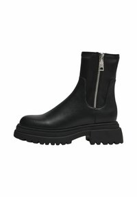 Stivaletti neri alla caviglia in pelle liscia, con zip laterale, suola chunky e punta rotonda. Dettagli della suola in gomma testurizzata.