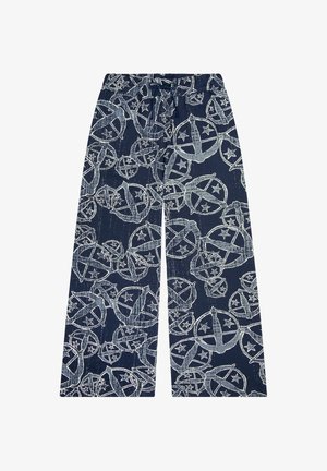 Marineblaue weite Hose mit einem sich wiederholenden weißen grafischen Muster aus Kreisen und Sternen. Mit Kordelzugbund und weichem Stoffgefühl.