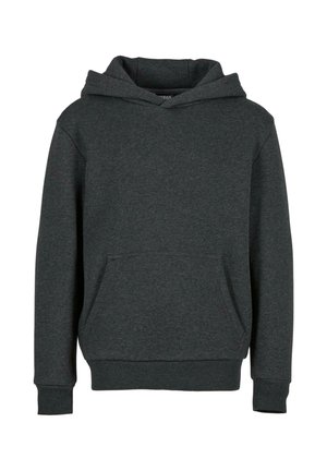 Tmavošedá mikina s kapucňou vyrobená z mäkkej tkaniny, s prednou vreckom a elastickými manžetami. Jednoduchý dizajn bez viditeľných vzorov alebo akcentov.