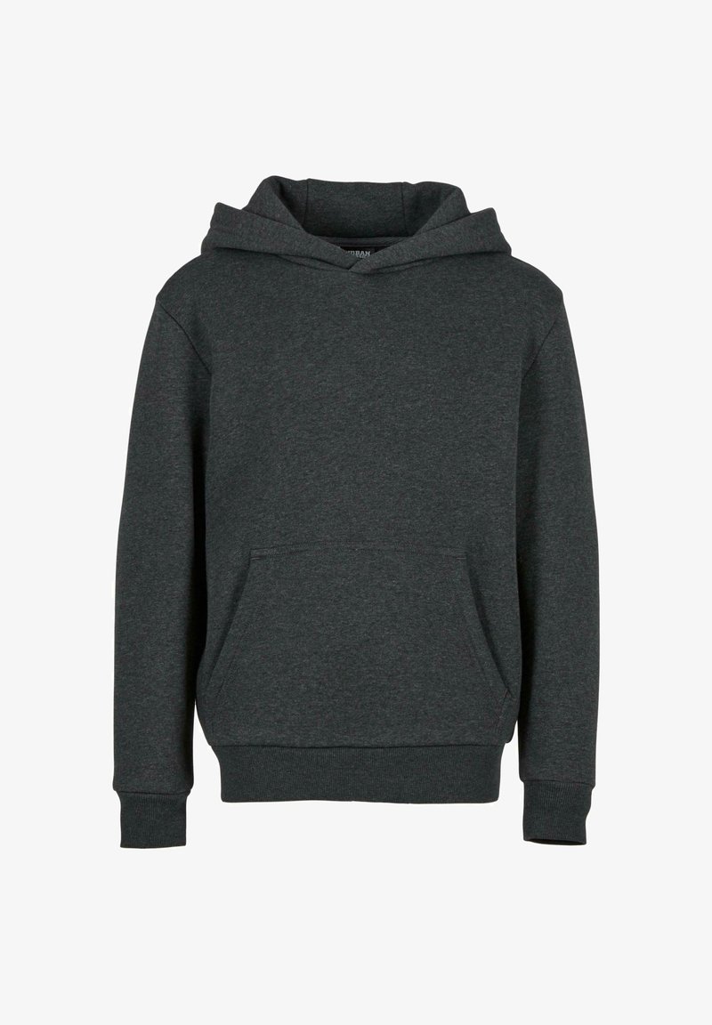 Sweatshirt à capuche gris foncé en tissu doux, doté d'une poche frontale et de poignets côtelés. Design simple sans motifs ni accents visibles.
