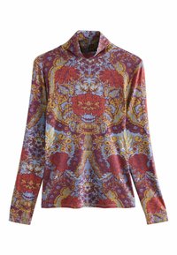 Bluză cu mânecă lungă și guler înalt dintr-un material cu textură în dungi, având un model floral colorat cu nuanțe de roșu, albastru și galben. Finisaj texturat.