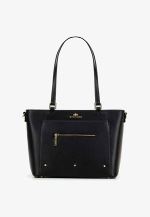 Černá kožená taška přes rameno s textured povrchem, zlatými kovovými doplňky, přední kapsou na zip a dvojitými ramenními popruhy. Logo WITTHEN na přední straně.